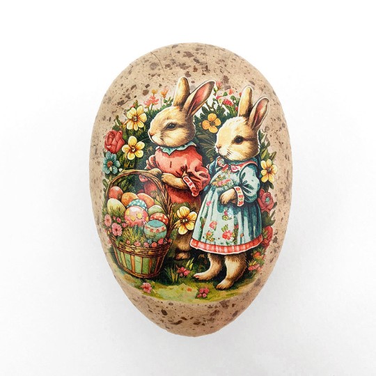 3-1/2" Bunnies with Egg Basket Floral Speckled Egg Paper Mache Easter Egg Box ~ Germany